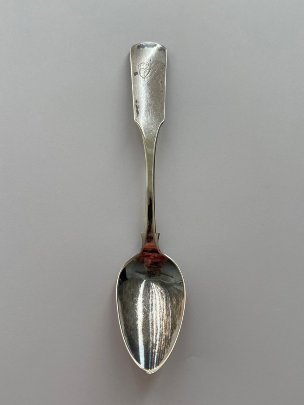 J. Osgood Coin Silver Antique Spoon, Early 1800s, Fiddle Pattern Monogramed